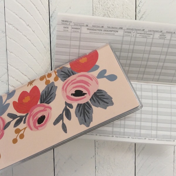 CHECKBOOK COVER - Blushing Rosa Paper by Rifle Paper Co - Pink Coral Peony Floral Check Book - Vinyl Cover Wildflower