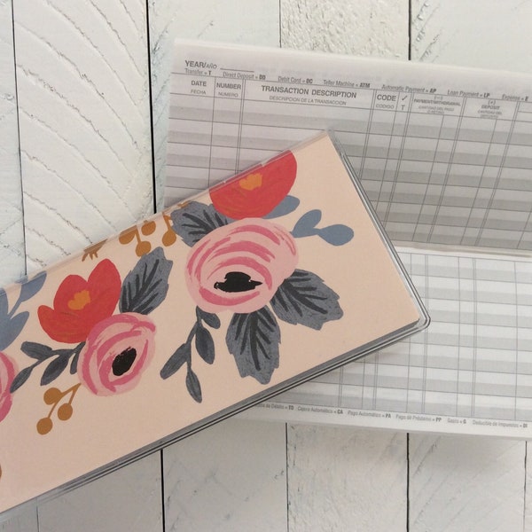 CHECKBOOK COVER - Blushing Rosa Paper by Rifle Paper Co - Pink Coral Peony Floral Check Book - Vinyl Cover Wildflower - Cute Floral Checks