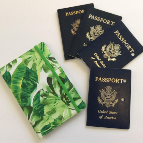 Popular Family Passport Holder,  Holds 2, 4 or 6 Passports, Palm Leaf Plant Fabric, Tropical Green, International Travel, Travel Accessory