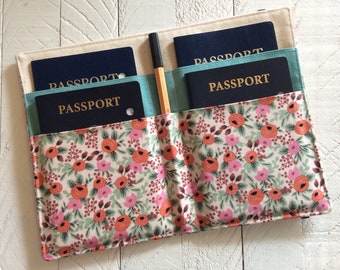 Rifle Paper Co Family Passport Holder, Holds 4 Passports, APO Address, International Travel, Floral Travel Accessory, Cruise Wallet, Blush