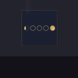 Puede incluir: Un cuadro enmarcado con un diseño celestial. La obra de arte muestra las fases de la luna y el sol en dorado sobre un fondo azul oscuro. La imagen es una representación minimalista del sistema solar.