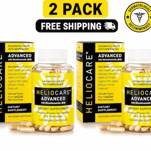 May include: Two packs of Heliocare Advanced dietary supplements with Nicotinamide (B3). Each pack includes a bottle of 120 vegan capsules and a box. The packaging is yellow and black with the text "Dermatologist Recommended".