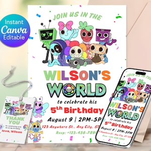 Op de afbeelding: Een verjaardagsuitnodiging en een bedankje met de tekst "WILSON'S WORLD" en "5th Birthday". De uitnodiging bevat cartoonfiguren en de woorden "Join us in the". Een smartphone toont hetzelfde ontwerp.