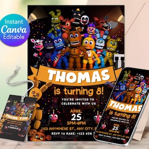 May include: A birthday party invitation and matching tag featuring cartoon characters. The invitation reads "Thomas is turning 8!" with event details. A smartphone displays the same design. The tag says "Thank You".