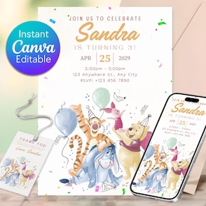 May include: A birthday invitation featuring Winnie the Pooh characters, balloons, and confetti. The invitation reads "Join us to celebrate Sandra is turning 3!" with date, time, and RSVP information. A phone displays the same design. A tag reads "Thank you, Love Sandra."