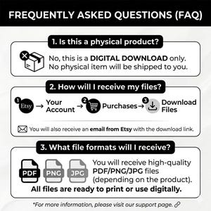 May include: A black and white informational graphic titled FREQUENTLY ASKED QUESTIONS (FAQ) explaining that this is a digital download. It outlines the process for receiving files via Etsy purchases and email, and lists available file formats: PDF, PNG, and JPG.