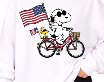 Snoopy Peanuts 4th of July PNG, American Flag Bicycle Design (Digital Download)