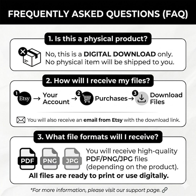 May include: A black and white graphic with the text "FREQUENTLY ASKED QUESTIONS (FAQ)". The graphic answers questions about digital downloads, including how to receive files and file formats (PDF, PNG, JPG).