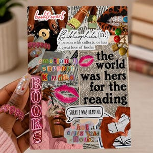 May include: A rectangular collage print featuring various book-themed graphics and text including Bibliophile, emotional support Kindle, the world was hers for the reading, sorry I was reading, and hot girls read books, set against a newspaper background.
