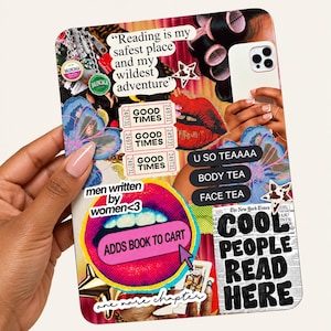 May include: A rectangular collage print featuring diverse imagery including a pair of lips, text reading "Reading is my safest place and my wildest adventure", "GOOD TIMES" tickets, "U SO TEAAAA", "COOL PEOPLE READ HERE", and "men written by women<3".