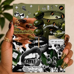 May include: A rectangular collage print featuring olive green tones, black and white imagery of lips with grills, a green candle, a Chanel No. 19 perfume bottle, cherries, and text including "bookaholic," "currently lost in my kindle," and "just me, myself, and my books."