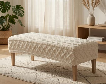 Dining Bench Slipcover, Stretch Jacquard Seat Cover, Beige Bench Protector