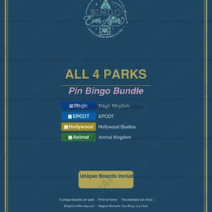 Könnte beinhalten: Ein dunkelblauer digitaler Flyer für ein Pin Bingo Bundle mit dem Text ALL 4 PARKS und einer Liste von vier Orten: Magic Kingdom in Blau, EPCOT in Hellblau, Hollywood Studios in Gelb und Animal Kingdom in Grün, mit fünf Sternen darunter.