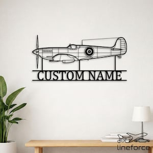 May include: A black metal wall art piece shaped like a vintage propeller airplane. The design features a detailed outline of the aircraft with a horizontal bar underneath containing the text CUSTOM NAME in a bold, capitalized sans-serif font.