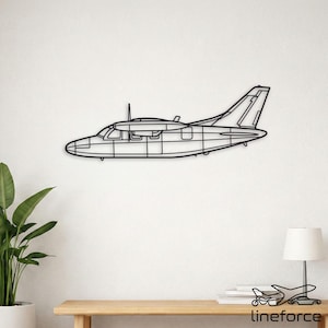 May include: A black metal wall art piece shaped like the side profile of a twin-engine airplane. The design features a clean, minimalist wireframe outline of the aircraft, including the fuselage, wings, tail section, and propeller details.