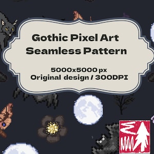 Puede incluir: Un patrón oscuro sin costuras con elementos de pixel art. El diseño incluye un gato negro, mariposas, lunas, flores y calaveras. El texto "Gothic Pixel Art Seamless Pattern" se muestra en un marco decorativo.