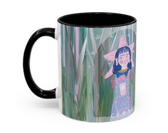 Girl in the Forest Coffee Mug | Illustrated whimsical portrait, pastel nature scene | Original Art | Artful Mug. Human Art.  Mindful Mug.