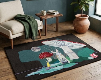 Teppich „Hasen und Pilze im Mondlicht“ | Originalkunstwerk | Tierszene in der Waldnacht | Fantasieteppich | Späte Nacht im Wald | EntreBosqueStudio
