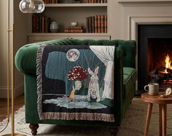 Moonlit Mushroom Bunny Woven Blanket | Night Forest Tapestry Throw