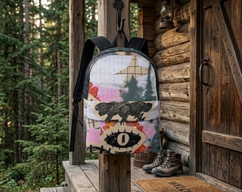 Rucksack mit abstraktem Augenmotiv, ästhetische Collage-Laptoptasche, Indie-Grunge-Y2K-Streetwear, einzigartiges Künstlergeschenk, Reiserucksack. Originaldesign.