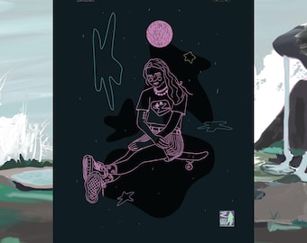Skateboard Girl Illustration Poster | Matte Vertical Poster | Starry Night | Original Digital Art | Femenine | Dark Colours