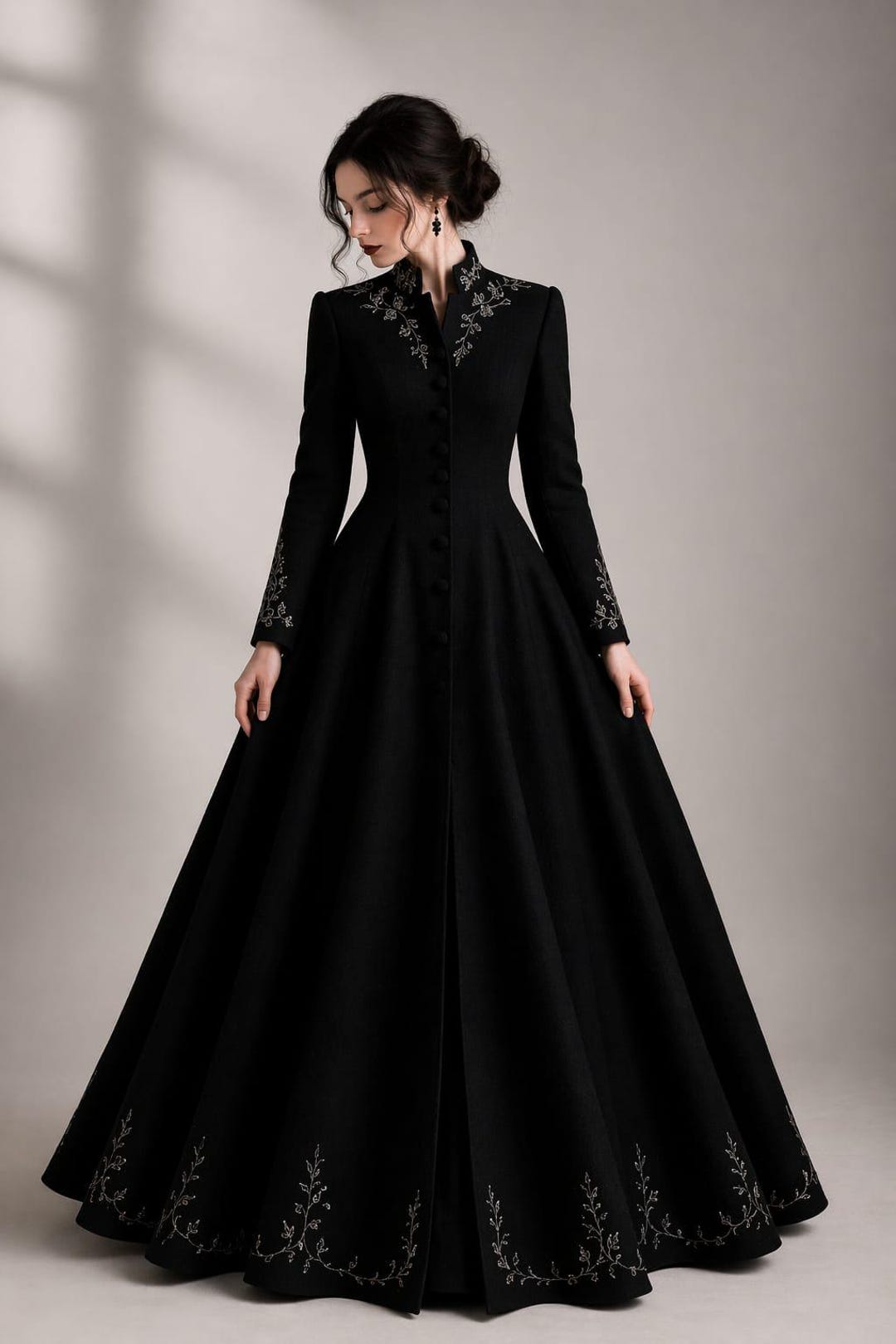 Black Victorian Gothic Coat Dress, Embroidered High Neck Ball Gown ...