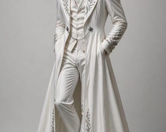 May include: A white, long coat with intricate floral embroidery, paired with matching trousers and a vest. The coat features a long, flowing design with detailed embellishments along the edges and sleeves. The outfit is completed with white shoes.