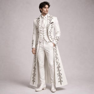 Puede incluir: Un traje blanco con un abrigo largo con intrincados bordados oscuros. El conjunto incluye un chaleco, pantalones de vestir, una camisa con cuello y una corbata. Botas blancas completan el look, creando una apariencia formal y elegante.