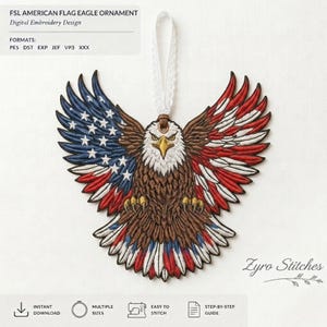 Pode incluir: Um ornamento bordado apresentando uma águia-de-cabeça-branca com as asas abertas, colorida em vermelho, branco e azul para se assemelhar à bandeira americana. A águia tem cabeça branca, bico amarelo e corpo marrom. Uma fita branca está presa para pendurar.