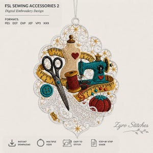 Może przedstawiać: Cyfrowy wzór haftu FSL Sewing Accessories 2 z białym koronkowym ornamentem zawierającym beżowy manekin z czerwonym sercem, turkusową maszynę do szycia, czarne nożyczki, czerwoną szpulkę nici, żółtą miarkę krawiecką oraz czerwoną poduszkę na igły.