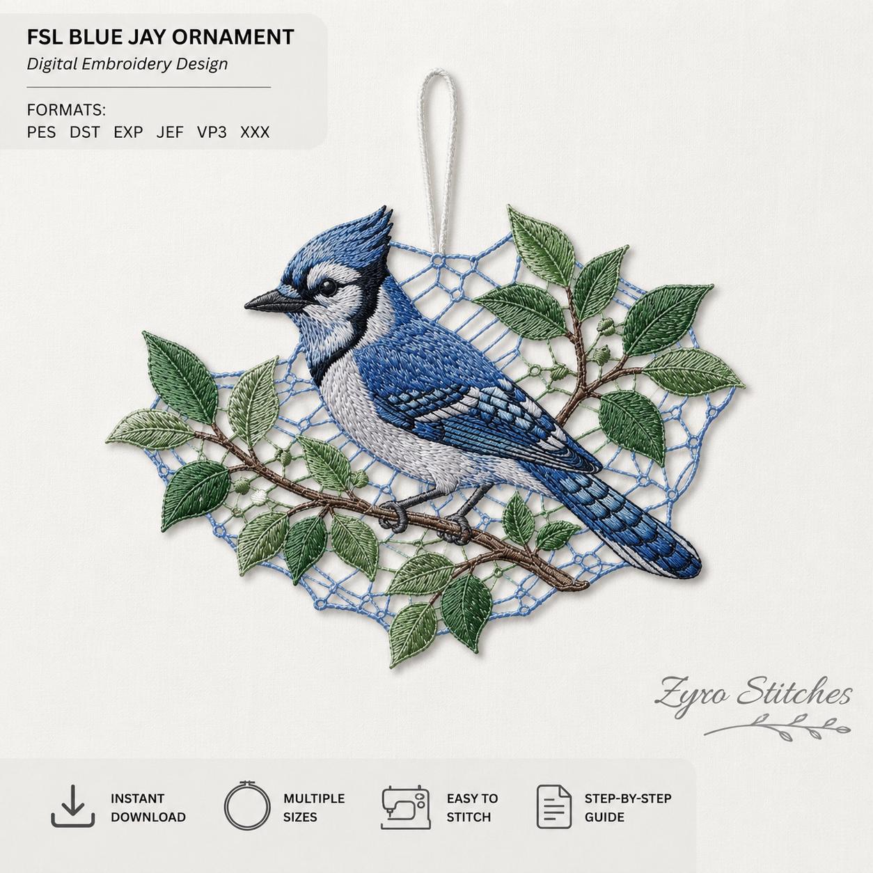 Blue Jay FSL Embroidery Design | Bird Ornament (instant Download
