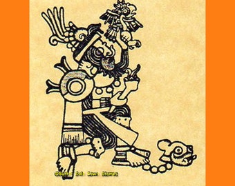 May include: Black and white line drawing of a mythical figure with a feathered headdress, holding a shield and a weapon. The figure is standing on a chain with a creature's head at the end.