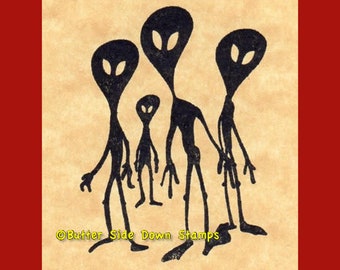 Sello de goma con visitantes extraterrestres ovni
