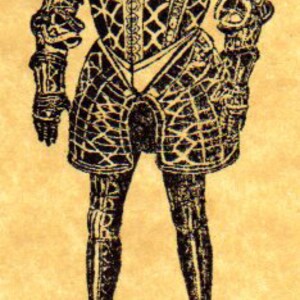 Puede incluir: Una ilustraci&oacute;n en blanco y negro de un caballero con armadura completa. El caballero est&aacute; de pie sobre una base con un patr&oacute;n similar a la armadura. La imagen est&aacute; sobre un fondo amarillo. El texto "Butter Side Down Stamps" est&aacute; en la parte inferior de la imagen.
