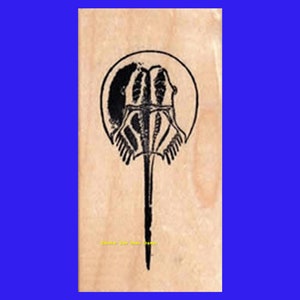 Puede incluir: Un sello de goma negro y blanco de un cangrejo herradura. El sello está sobre un fondo de madera.