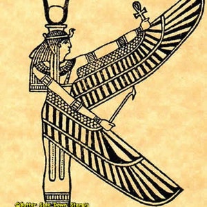 Op de afbeelding: Zwart-witte lijntekening van een Egyptische godin met vleugels, een hoofdtooi en een ankh-symbool. De godin staat met haar armen uitgestrekt.