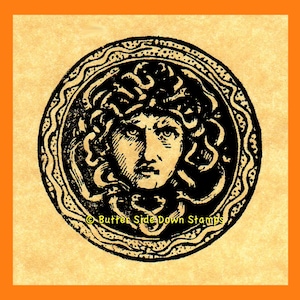 Sello de goma de la mitología griega clásica con la imagen de Medusa o Mini-Medusa