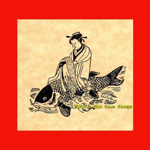 May include: Black and white illustration of a woman in traditional clothing riding a large fish with a wave pattern. The image is on a beige background with the text "©Butter Side Down Stamps" in the bottom right corner.