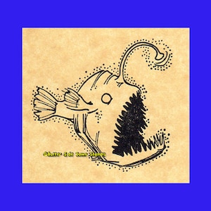 May include: Black and white illustration of a anglerfish with a long, thin, curved dorsal fin. The fish has a large mouth and a small eye. The illustration is on a light brown background with the text "Butter Side Down Stamps" in the lower left corner.