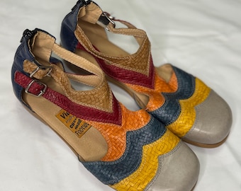 Vintage Vida woven chevron multicolor leather Mary Jane front T strap side buckles zip back festive summer Mexican Bohemian Hippie retro