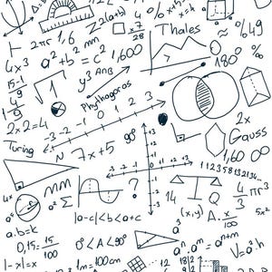 May include: A white background is covered with black handwritten mathematical equations, formulas, and geometric shapes. The image includes numbers, symbols, and the names of mathematicians like Einstein and Thales. The theme is mathematics.