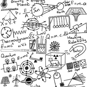 May include: A monochrome illustration depicting various physics concepts, including formulas, diagrams, and scientific symbols. The image features drawings of the sun, earth, atoms, and other scientific elements. The word "Radioactivity" is also visible.