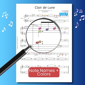 Peut inclure: Partition de musique pour "Clair de Lune" de Claude Debussy, avec une loupe sur les notes de musique. La partition comprend le texte "Note Names + Colors" et est étiquetée "Grade 0". L'image a des notes de musique en arrière-plan.