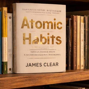 Può includere: Una libreria in legno piena di libri. Il punto focale è una copia di "Atomic Habits" di James Clear, con lettere dorate sulla copertina. Altri libri di varie dimensioni e colori sono disposti sugli scaffali, insieme a una lanterna decorativa e piante in vaso.