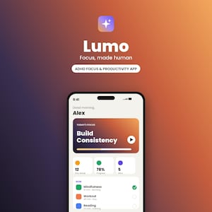 Puede incluir: Un teléfono inteligente muestra la interfaz de la aplicación Lumo con un fondo degradado. La pantalla presenta un panel personalizado con el texto 'Good morning, Alex', una tarjeta 'Today's Focus', métricas de progreso y una lista de tareas.