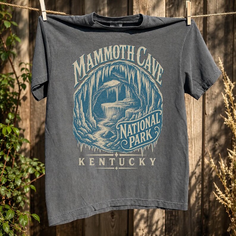 May include: A charcoal gray short-sleeve t-shirt featuring a blue and cream graphic of a cave interior. The text reads MAMMOTH CAVE NATIONAL PARK KENTUCKY. The design depicts stalactites and rock formations within a circular frame on the chest.