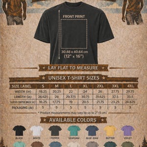 May include: Print guidelines for Comfort Colors unisex t-shirts. The image shows a black t-shirt with print dimensions of 12" x 16". Available colors include black, white, pepper, seafoam, blue jean, butter, and violet. Sizes range from S to 4XL.