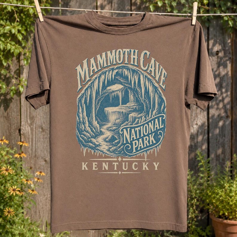 May include: A brown short-sleeve t-shirt featuring a blue and cream graphic of a cave interior. The text reads MAMMOTH CAVE NATIONAL PARK KENTUCKY. The design depicts stalactites and rock formations within a circular frame on the front of the shirt.