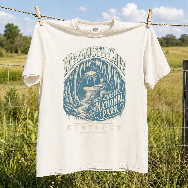 May include: A cream-colored short-sleeve t-shirt featuring a blue graphic print of a cave interior. The text reads MAMMOTH CAVE NATIONAL PARK KENTUCKY. The design depicts stalactites and rock formations within the cave, centered on the chest.