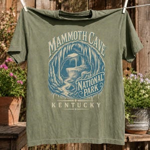 May include: An olive green short-sleeve t-shirt featuring a blue and cream graphic print of a cave interior. The text reads MAMMOTH CAVE NATIONAL PARK KENTUCKY. The design depicts stalactites and a rock formation within a circular border.